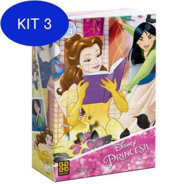 Imagem de Kit 3 Quebra Cabeça Puzzle 60 Peças Princesas Grow