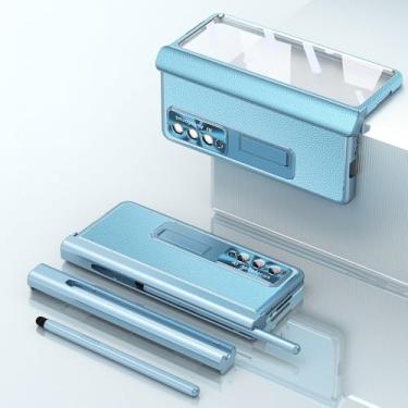 Imagem de Com capa de couro revestida S Pen Fold 4 para Samsung Galaxy Z Fold 3 2 5 360 Protetor de tela cheia com suporte magnético capa de telefone, azul lichia, para Samsung Z Fold 2