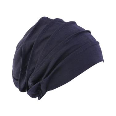 Imagem de Eforcase Gorros de turbante elástico feminino boné hijab boné de dormir turbante chapéus muçulmanos headwrap boné gorros headwear under cap, Azul escuro, M