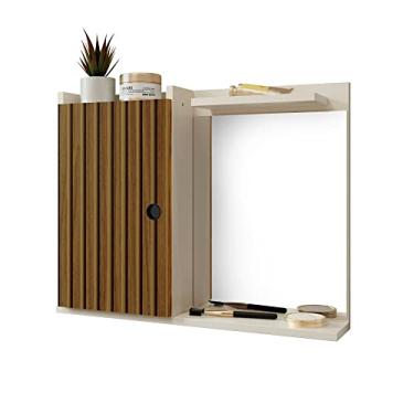 Imagem de Espelheira Armário para Banheiro com Prateleiras e 1 Porta Madri - Off White/Ripado