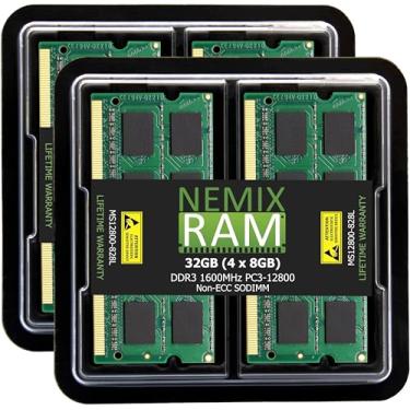 Imagem de NEMIX RAM Kit de memória de laptop SODIMM de 32 GB (4 x 8 GB) DDR3 1600 MHZ PC3-12800 2Rx8 1,35 V 204 pinos não ECC SODIMM compatível com Apple MacBook Pro, iMac, Mac Mini
