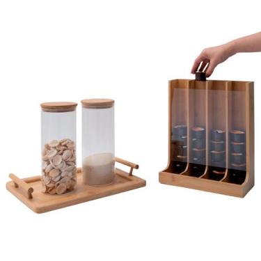 Imagem de Kit com 2 potes de vidro com tampa de bambu 1,6l, porta cápsulas e ban
