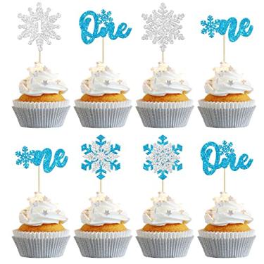 Imagem de Gyufise 24 peças floco de neve um cupcake toppers azul prata glitter inverno floco de neve 1º aniversário festa cupcake pichas tema floco de neve chá de bebê primeiro aniversário decoração de bolo suprimentos
