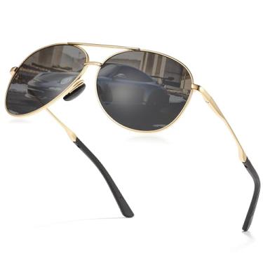 Imagem de Cyxus Óculos de sol aviador para homens, polarizado, proteção UV400, óculos de sol piloto militar, modernos para dirigir e caminhar, A1 - Óculos de sol aviador preto dourado para homens, Medium