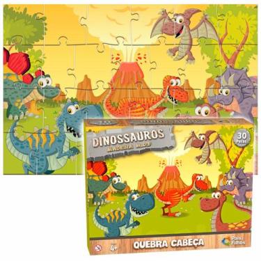 Imagem de Quebra Cabeça Dinossauro Infantil Educativo 30pc Madeira MDF - Pais e 