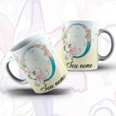 Imagem de Caneca Porcelana Alfabeto Floral Glitter Personalizada Com Inicial E N