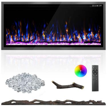 Imagem de Lareira Elétrica de 107 cm, Ultrafina, Embutida ou de Parede, Troncos, Madeira Flutuante ou Cristais, Controle Remoto, Termostato,Timer,Kucreiheat