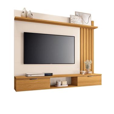 Imagem de Painel Home Suspenso Sala Estar TV Até 55 Polegadas Detalhe Ripado 2 Portas Basculantes 1 Prateleira Lets