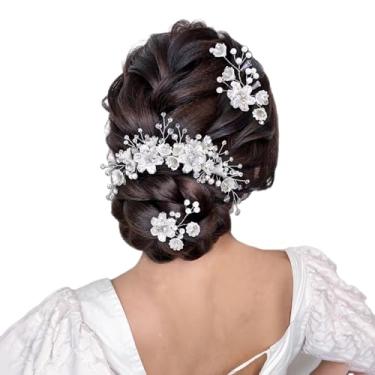 Imagem de Acessórios de cabelo de cristal para casamento, damas de honra elegante pente de cabelo flor 3 peças, garfo de cabelo vestido de baile (prata)