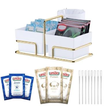 Imagem de Açucar Sache Uniao + Adoçante Sache + Porta Sache Branco Dourado + Mexedor Cafe