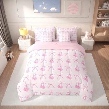 Imagem de Conjunto de edredom infantil Queen, com laço de desenho animado rosa, borboleta, nó de princesa, laço de cereja, patchwork romântico (edredom + lençol de cima + 2 fronhas + 2 capas de travesseiro)