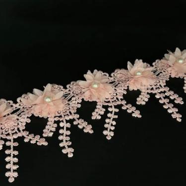 Imagem de 1 jarda flor pérola contas borda acabamento fita apliques florais tecido de renda bordado renda para casamento vestido de noiva roupas fantasia chapéu decoração (rosa pálido, 1 jarda)