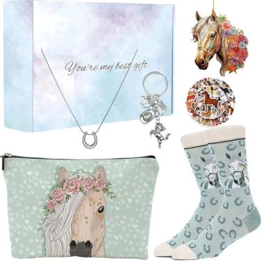 Imagem de HIGHTERTON Presentes de cavalo para mulheres, conjunto de presente de 6 peças para amantes de cavalos - Inclui meias de cavalo, bolsa de maquiagem e 50 adesivos de cavalo, presentes ideais para