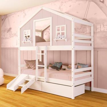 Imagem de Beliche Casinha Dos Sonhos Com 02 Gavetas Kit Escada/ Escorregador Madeira Maciça Rosa/ Branco Megamobilia