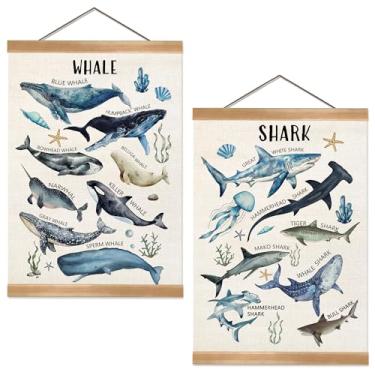 Imagem de ZTGDA Pôster educativo de animais marinhos do alfabeto (30 x 40 cm) – arte de parede Montessori Ocean Creature, tela de linho para pendurar com moldura de madeira maciça, decoração de quarto infantil