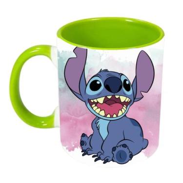 Imagem de Caneca Porcelana Alça Colorida Stitch Feliz 325ml Resistente - Impacta