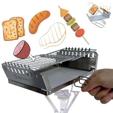 Imagem de Bestargot Grelha de fogueira de 25 cm e torradeira de acampamento para fogão de mochila, aço inoxidável, dobrável, portátil, compacta – Grelhas de acampamento sobre fogueira para fogões a lenha