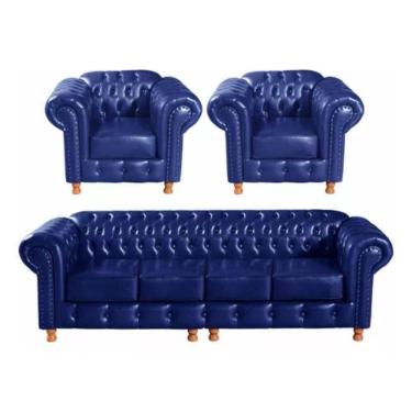 Imagem de Conjunto Sofá 4 Lugares E 2 Poltrona Chesterfield Luís Xv Vintage Retrô Capitonê Couro Azul