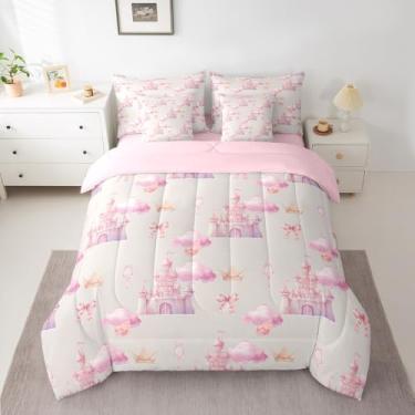 Imagem de Manfei Conjunto de cama King com desenho animado de castelo de 7 peças, coroa de laço de nuvens rosa, cama de princesa de conto de fadas em uma bolsa com edredom, lençóis e fronhas, decoração de