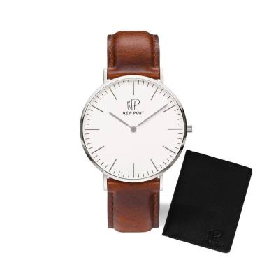 Imagem de Relógio Masculino Redondo Marrom Casual + Carteira Couro
