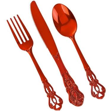Imagem de Conjunto de talheres de plástico Joyido 150PCS Red Heavy Duty Vintage