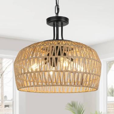 Imagem de LynPon Lustres Boho Grandes De 18" Para Sala De Jantar, Luminária De Teto De Fazenda De Vime Com 4 Luzes E Abajur De Vime, Luminária Pendente De Tecido À Mão Para Cozinha, Ilha, Quarto, Hall De Entr