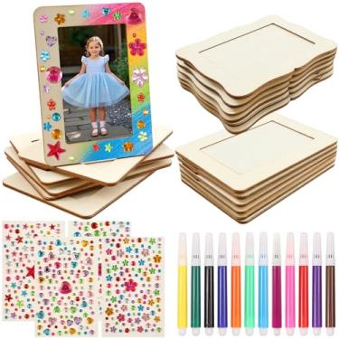 Imagem de Pacote com 12 molduras de madeira para artesanato, 10 x 15 cm, porta-retratos de madeira faça-você-mesmo com canetas e adesivos coloridos, conjunto de molduras inacabadas para festas de aniversário