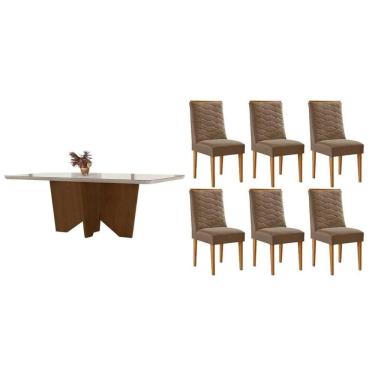 Imagem de Conjunto Sala de Jantar Nevada c/ Tampo Madeirado c/ Vidro Canto Curvo 180x90cm e 6 Cadeiras Maldivas Madeira Maciça Naturale/Off White - Capuccino/Su