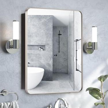 Imagem de FUMANGO Armário de remédios para banheiro embutido na parede, 50 x 66 cm, moldura de metal prateado, armário de remédios retangular arredondado