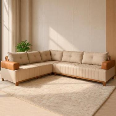Imagem de Sofá de Canto Leona Luxo Bom Pastor, Linho Bege/Caramelo