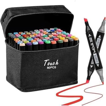 Imagem de Kit 80 Canetas para Colorir Marcador Permanente Touch – Ponta Dupla, 80 Cores, À Base de Álcool, Para Desenho, Lettering, Escolar e Artista + Estojo Organizador Desenho Profissional Escolar Infantil