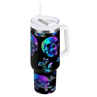 Imagem de Kigai Copo de caveira bonito de 1,134 g com tampa e canudo, copo isolado de aço inoxidável durável à prova de vazamento com alça, garrafas de água à prova de derramamento para viagens