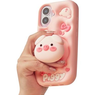 Imagem de TUFTA Kawaii 3D Pig Pop-Up Stand and Grip Capa de telefone para iPhone 16 Plus, linda capa de telefone de animal de desenho animado para meninas, meninos, crianças, adolescentes e mulheres, rosa