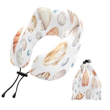 Imagem de CEBUGI Travesseiros de viagem portáteis em forma de U, travesseiro de pescoço de espuma viscoelástica com trava de corda ajustável para avião, viagem, trem, negócios, escritório, soneca (padrão de