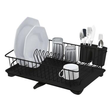 Imagem de Escorredor de Louça Porta Talheres Prato Copos Com Bandeja Preto Fosco Cozinha - 1547PT Future
