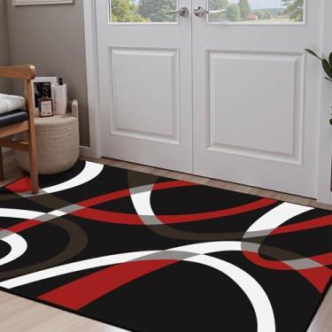 Imagem de Tapete clássico moderno com estampa de listras pretas e vermelhas para sala de estar 7,5 x 12,5 cm, tapete antiderrapante e não derrama, tapetes grandes internos para quarto, sala de jantar