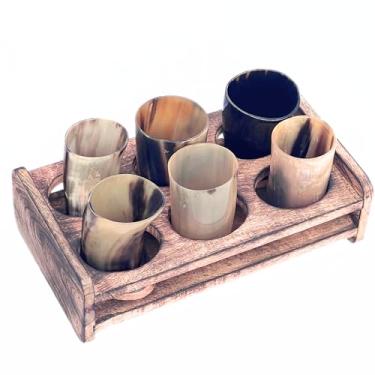 Imagem de Conjunto de 6 copos de madeira feitos à mão, autêntico, medieval, viking, buzina de vinho, copo de cerveja