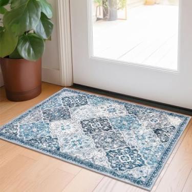 Imagem de KILOCOCO Tapete pequeno tapete de porta entrada interior 2x3 tapete de entrada tapete lavável antiderrapante tapete de cozinha de pilha baixa vintage tapete floral para casa de banho quarto entrada lavanderia tapete marroquino, azul