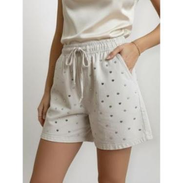 Imagem de Short Feminino Sarja Bege Claro Detalhe Plaquinha Prata Tachas Rebites Chapinha Prateados-Feminino