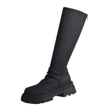 Imagem de Botas longas femininas de salto baixo bico redondo cano alto elástico sola grossa PU superior outono inverno, Preto, 38