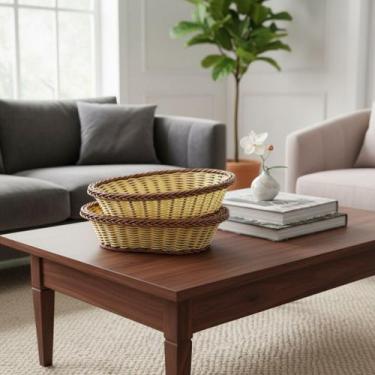 Imagem de Cesta Vime Plastico Oval Mesa Cesto Para Pao 2 Pçs - NoBrand, Bege bor