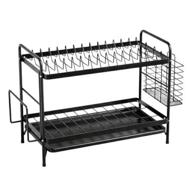 Imagem de Escorredor de Louça Preto Fosco 2 Andares com Bandeja Coletora e Porta-Talheres | Alta Capacidade – by BSMIX