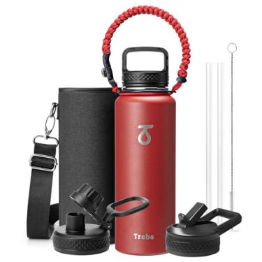 Imagem de Trebo Garrafa de água de 1,134 g com alça de paracord, jarro de água isolado de aço inoxidável de parede dupla grande de meio galão com alça de suporte e tampas de bico de palha, à prova de vazamento
