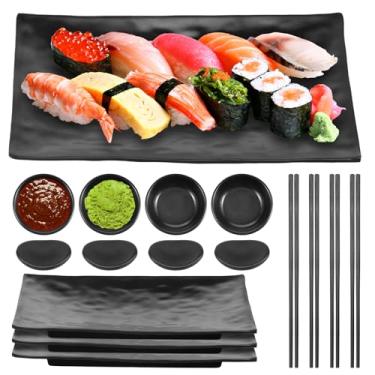 Imagem de Prato de servir de sushi de melamina, conjunto de louça japonesa com 4 bandejas, 4 tigelas de molho de soja, 4 pares de pauzinhos e suporte, conjunto de pratos de sushi para presente de inauguração de
