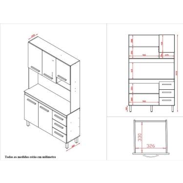 Imagem de Kit Zínia Com Paneleiro 9 Portas 4 Gavetas Cozinha Mb1 180cm Branco