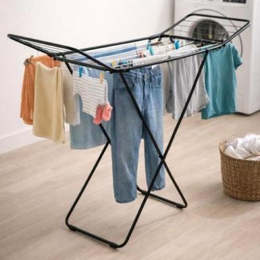 Imagem de Varal Chão Dobrável Abas Aço Preto Estendedouro Roupas Lavanderia Apar