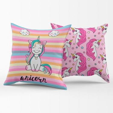 Imagem de Par De Almofadas Cheias Estampadas Unicórnio Listrado Pink 45cm X 45cm - Enchimento Refil Em Silicone