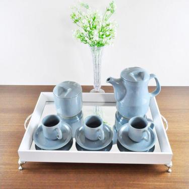 Imagem de Bandeja Café Espelhada-LUXO Madeira cor BRANCA 26x39x5 com alças e pés metal prateado/c...