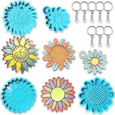 Imagem de Moldes de chaveiro de resina de girassóis, flores florais de silicone para chaveiro moldes de fondant com 8 peças de chaveiros 8 peças de franjas, moldes de fundição para chaveiro faça você mesmo joias colares artesanato