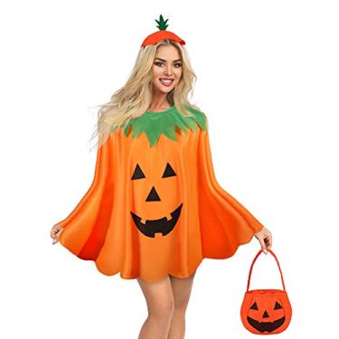 Imagem de Geyoga Conjunto de 3 peças de fantasia de abóbora de Halloween para mulheres adultas, capa de abóbora, poncho, bolsa de mão, faixa de cabeça engraçada